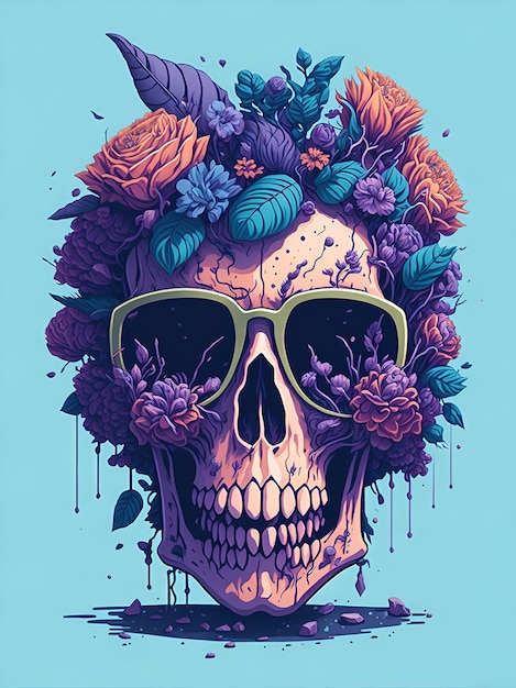 Een gedetailleerde illustratie van een Dead Skull die een trendy zonnebril draagt met bloemen.