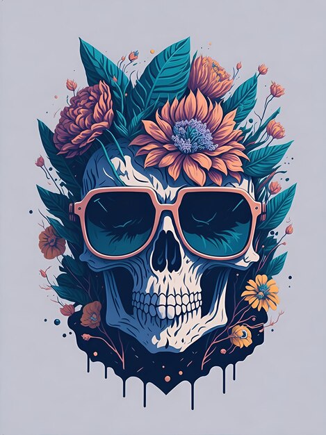 Een gedetailleerde illustratie van een Dead Skull die een trendy zonnebril draagt met bloemen.