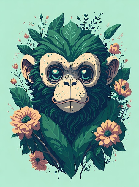 Een gedetailleerde illustratie van een digitaal art. van vintage aap hoofd groen bloemenpastelkleur tetradic kleuren