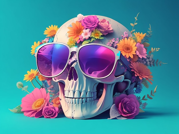 Een gedetailleerde illustratie van een dode schedel met een trendy zonnebril, bloemen spatten tetradische pastelkleuren