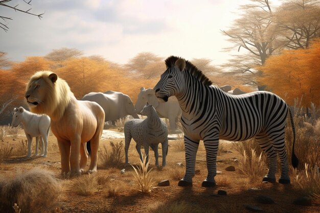 Een gedetailleerde illustratie van een groep exotische dieren zoals leeuwen of zebra's in een opvallende en dyn