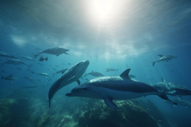 Een gedetailleerde illustratie van een groep zeezoogdieren zoals dolfijnen of walvissen in hun natuurlijke e