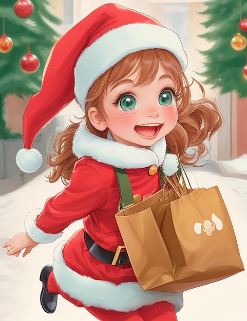 Een gedetailleerde illustratie van een helpermeisje van de Kerstman haar wangen rood van opwinding