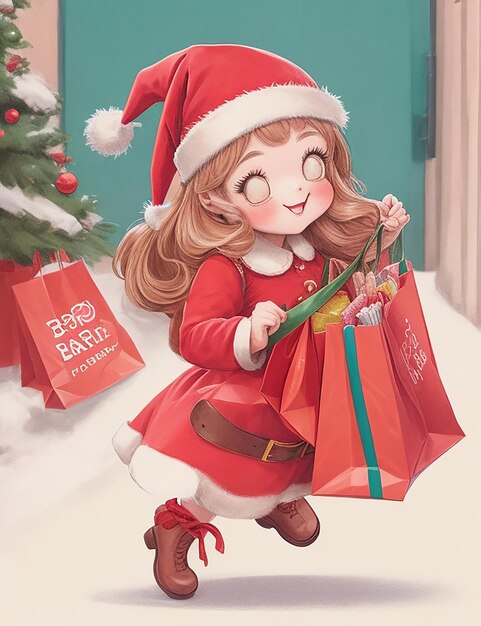 Een gedetailleerde illustratie van een helpermeisje van de Kerstman haar wangen rood van opwinding