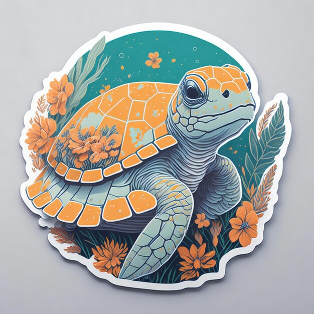 Een gedetailleerde illustratie van een levendige, schattige schildpadkopsticker