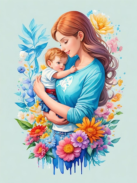 Een gedetailleerde illustratie van een moeder die een baby bloem spat AI gegenereerd