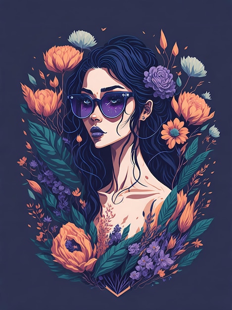 Een gedetailleerde illustratie van een mooie vrouw met een trendy zonnebril met bloemenplons