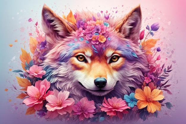 Een gedetailleerde illustratie van een print van een kleurrijke babywolf met bloemen ai generatief