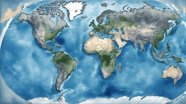 Foto een gedetailleerde illustratie van een wereldkaart met een diepblauwe oceaan en helderblauwe landmassa's illustrati