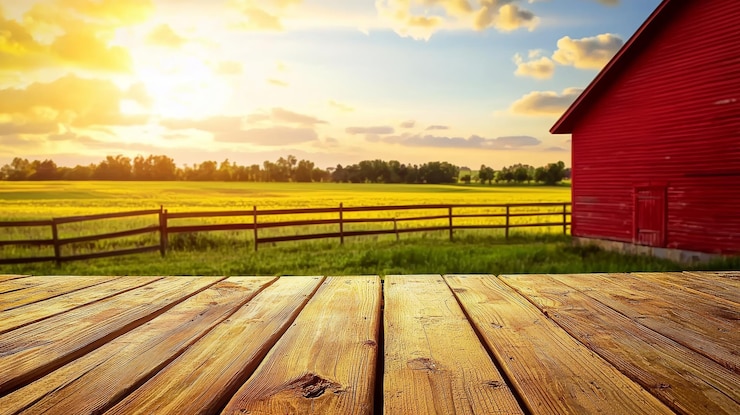 Foto een gedetailleerde opname van een verweerde lege houten tafel met een wazige boerderijscene op de achtergrond