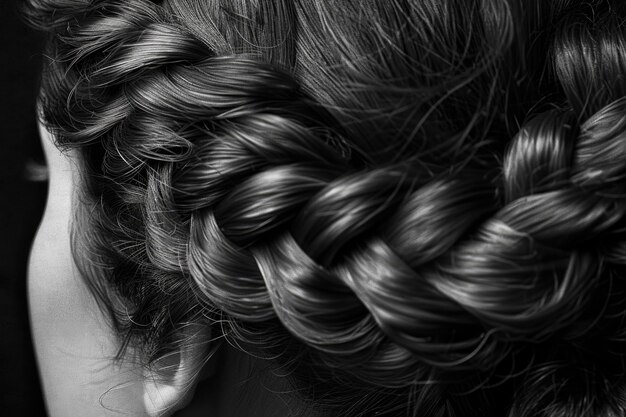 Een gedetailleerde opname van een vrouw die elegant haar haar vlecht met ingewikkelde patronen en vakkundig handwerk in een stijlvol kapsel