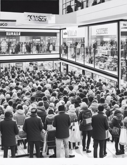 Een gedetailleerde schets van een Black Friday-uitverkoop met shoppers die enthousiast artikelen van de planken pakken