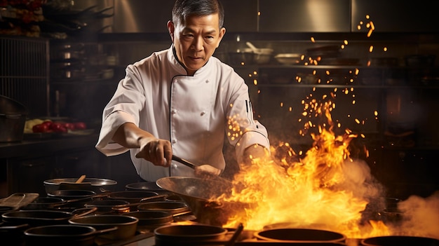 Een gedistingeerde chef-kok in een bruisende keuken die een symfonie van culinaire creaties orkestreert