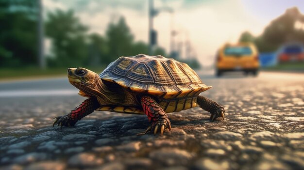Een geduldige schildpad die de tijd neemt om de door AI gegenereerde weg over te steken