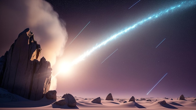 Foto een gedurfde weergave van een komeetstreep boven een rotsachtige uitstulpende ai-generatief