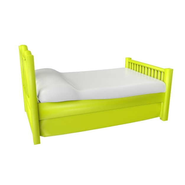 Een geel bed met een wit laken erop