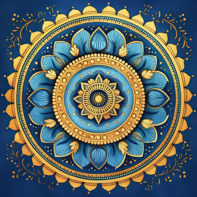 een geel en blauw bloemenontwerp met een blauwe achtergrond