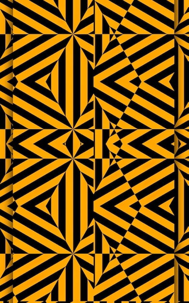 Een geel en zwart geometrisch patroon met driehoeken en een zwarte en gele achtergrond