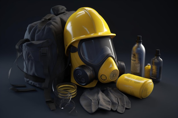 Een geel gasmasker en een fles alcohol staan op tafel.