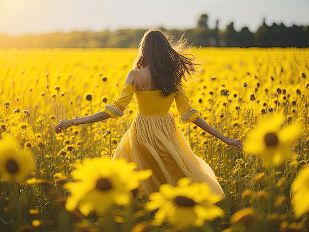 Een geel geklede vrouw achteraanzicht dansend op het bloemenveld ai generatief