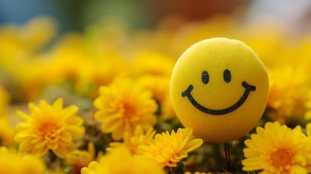 Foto een geel glimlachend gezicht dat bovenop een veld van gele bloemen zit