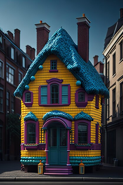 Een geel huis met een blauw deur en een blauwe deur.