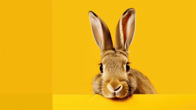 Een geel konijn kijkt over een gele doos