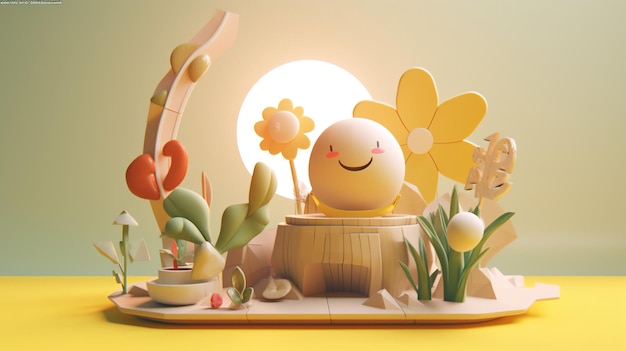 Een geel tafeltje met een afbeelding van een ei met een bloem erop.