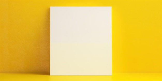 Een geel vierkant frame staat op een gele tafel.