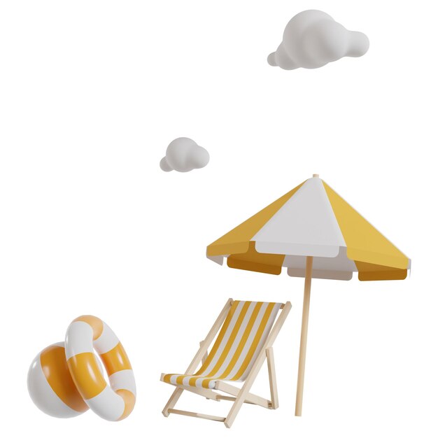 Een geel-witte strandstoel en een parasol met een wit-geel gestreepte paraplu.