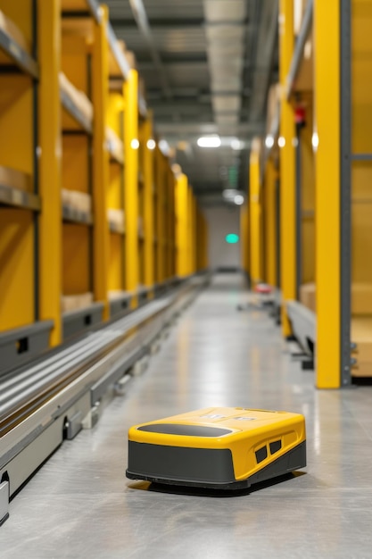 Een geel-zwart apparaat staat op de vloer van het magazijn klaar voor gebruik bij het sorteren van pakketten