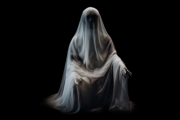 Een geest in een witte jurk zit in het donker.