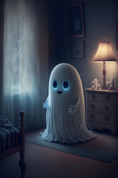 Een geest met blauwe ogen staat in een donkere kamer met een lamp en een lamp.