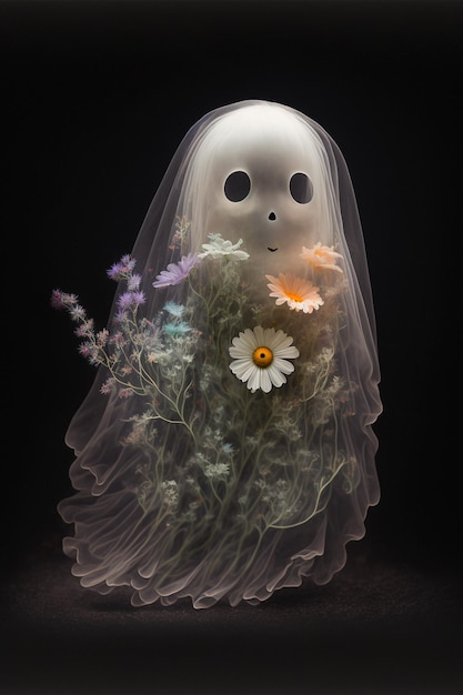 Een geest met bloemen erop zit in een witte sluier.