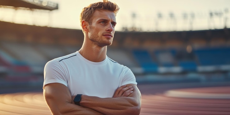 Foto een gefocuste atleet staat in een sportstadion tijdens zonsondergang de atleet draagt een bijpassend wit shirt en kijkt vooruit de scène vangt vastberadenheid en kracht ai
