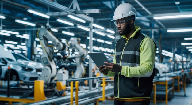 Een gefocuste ingenieur gekleed in een hoogvest en een hardhat gebruikt een laptop op een productielijn van een autofabriek Industriële werk Automotive engineering concept