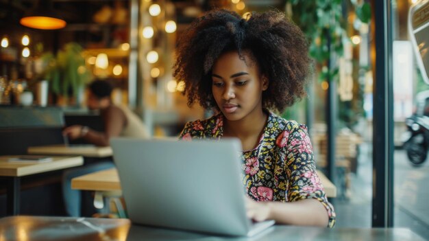 Een gefocuste jonge Afro-Amerikaanse vrouw werkt aan haar laptop in een levendig café dat de moderne freelance levensstijl belichaamt