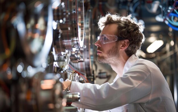 Een gefocuste onderzoeker in een labjas onderzoekt apparatuur in een hightech laboratorium omringd door complexe machines