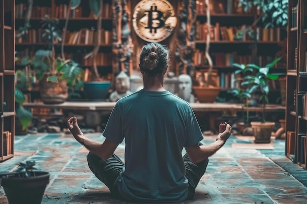 Een gefocuste persoon die mediteert op de stabiliteit van bitcoin te midden van een beermarkt