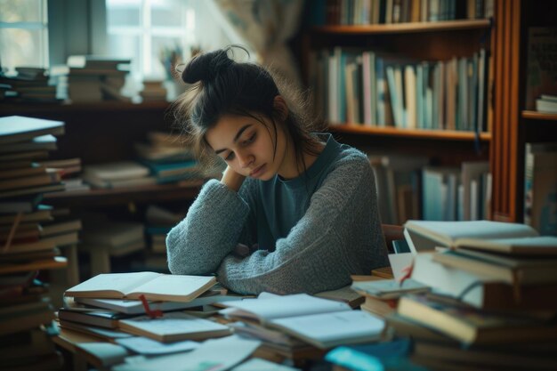 Foto een gefocuste student verdiept in haar boeken en aantekeningen die zich ijverig voorbereidt op de komende examens.
