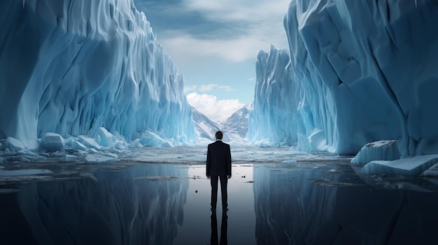 Foto een gefocuste zakenman in een pak staat en kijkt naar een enorme ijsberg voor zich die het onzichtbare symboliseert.