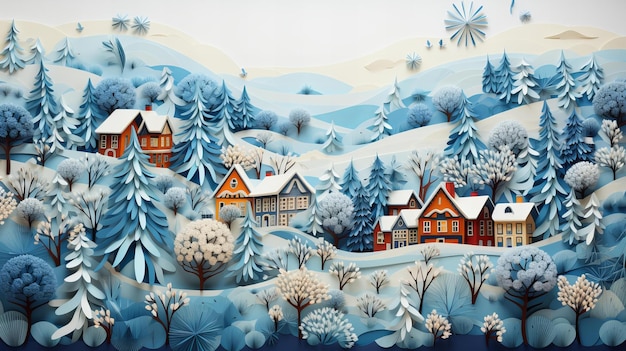 Een gegenereerde afbeelding van een winterlandschap in een quilling-stijl van origamipapier