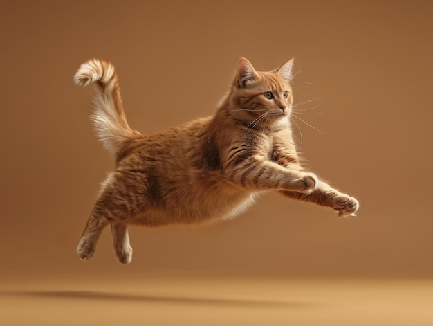 Foto een gegenereerde gemberkat op een bruine achtergrond die in een dynamische houding springt