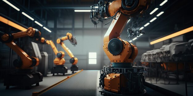 een gegenereerde illustratie Industriële robot werkt automatisch in een slimme autonome fabriek