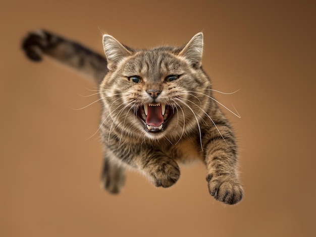 Foto een gegenereerde kat die in de lucht springt in een dynamische pose op een geïsoleerde bruine achtergrond