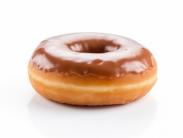 Een geglazuurde donut met chocoladeglazuur staat op een witte achtergrond.