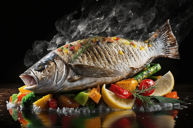 Een gegrilde vis die prachtig op een bord wordt gepresenteerd, vangt de textuur en het visuele belang van zijn grillsporen op, wat resulteert in een visueel opvallende Gegenereerd door AI