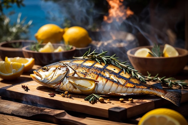 Een gegrilde vis op houten tafel in de keuken