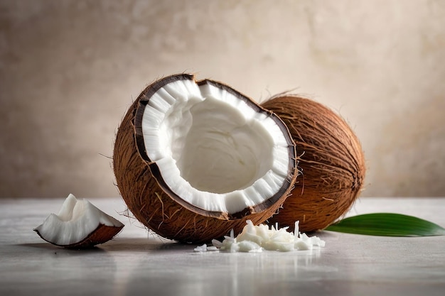 Een gehakte kokosnoot ligt op een lichte marmeren tafel exotisch voedsel