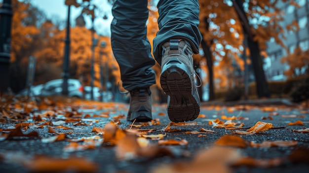 Foto een gehandicapte jonge man met een prosthetisch been loopt langs de straat gezien vanuit een lage hoek